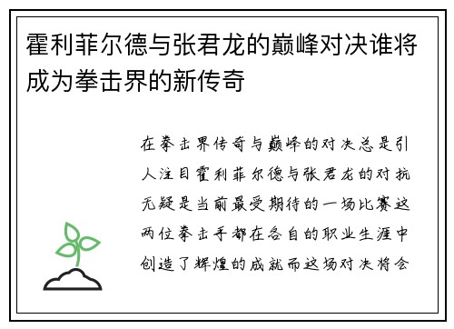 霍利菲尔德与张君龙的巅峰对决谁将成为拳击界的新传奇